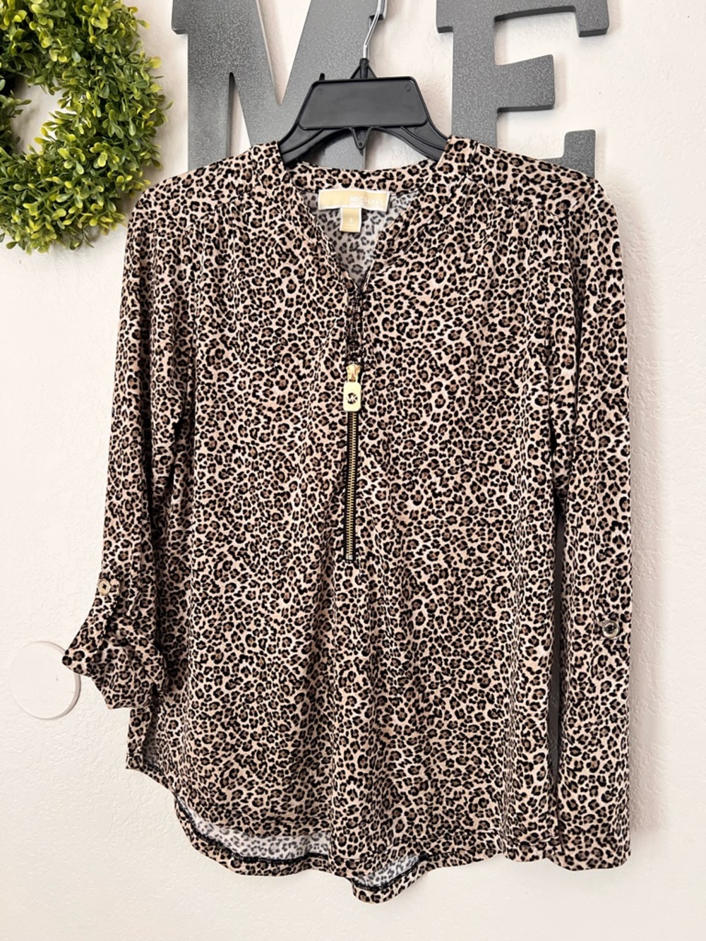 Michael Kors Leopard Print Long-Sleeve Top with Gold Zip